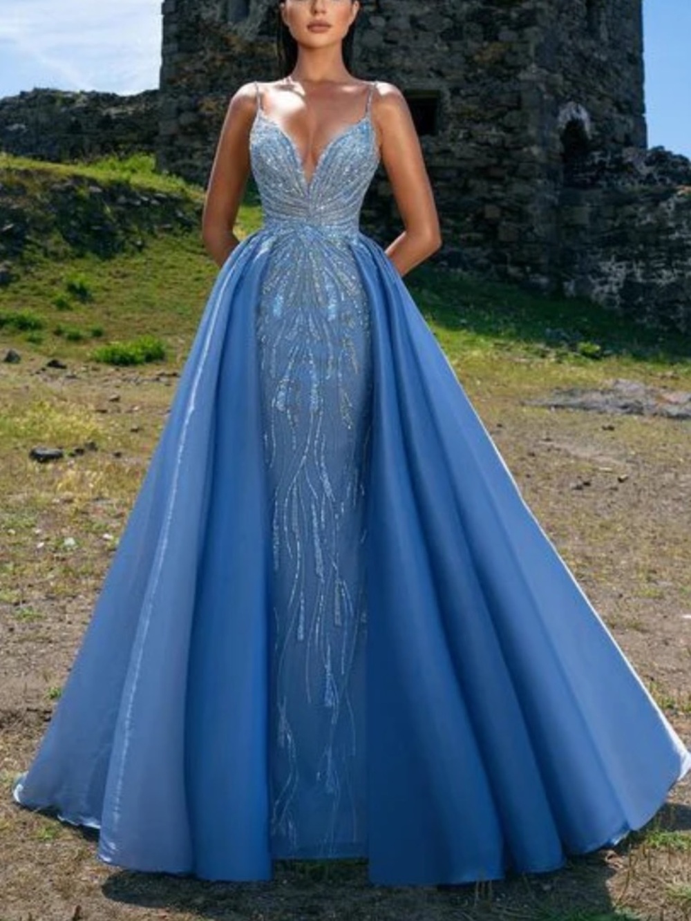 Catwalk Couture Blue Evening Prom Dress/ Gown stunning beaded
